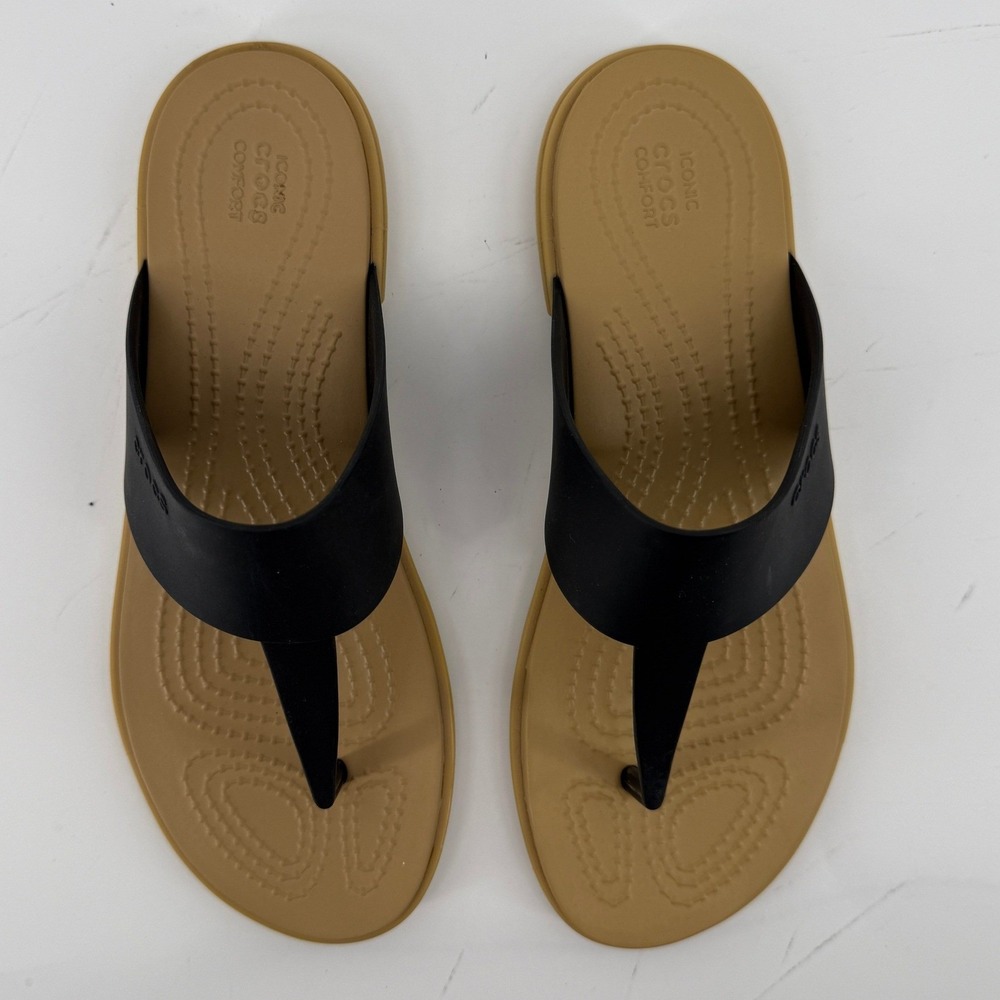 Crocs Tulum Flip Flop Sandal Tan Black Women 6 Slip On Casual Comfy Beach Vacay - Picture 4 of 9